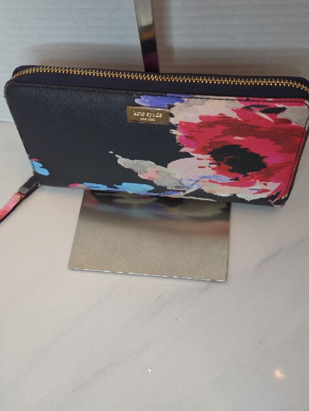 kate spade Black Floral Zip Around Wallet with Pink & Blue Accents - Picture 3 of 12